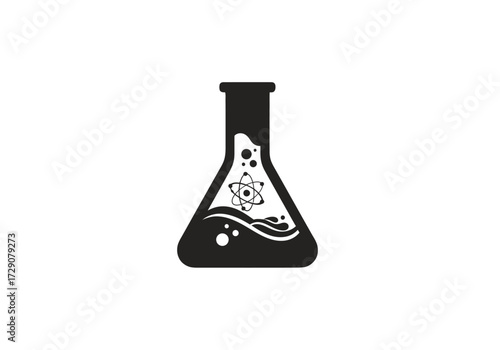 Black silhouette icon of a scientific laboratory flask containing a bubbling liquid and an atomic symbol.