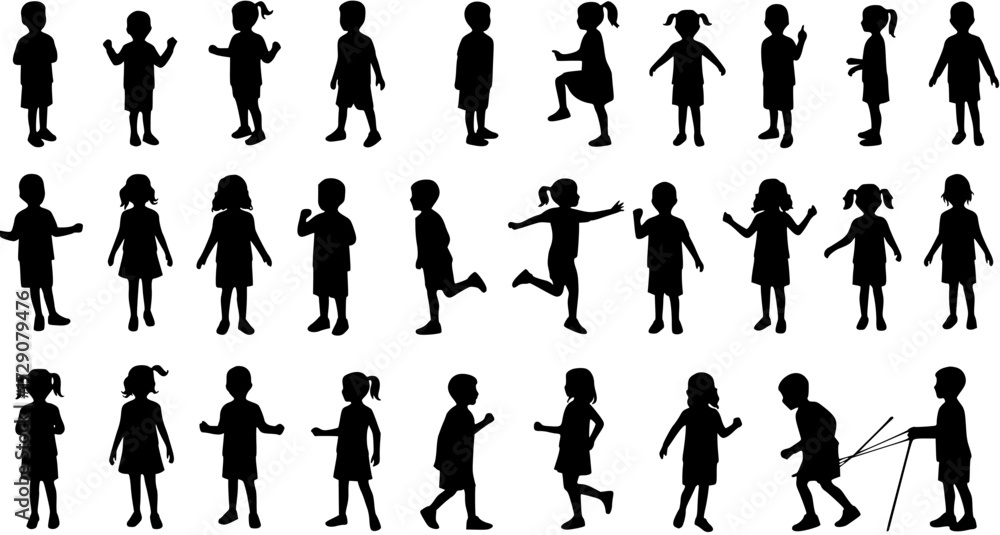 Fototapeta premium Children Silhouettes: Diverse Kids Play and Pose in Black, Vector Art