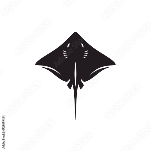 A stylized black silhouette of a stingray viewed from above against a white background.