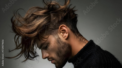 Stylish Man Portrait With Dynamic Hair And Black Shirt