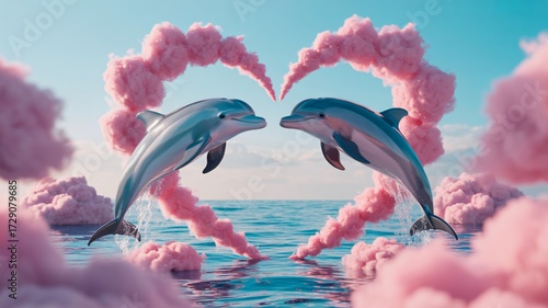 Two playful dolphins leaping joyfully, surrounded by whimsical pink clouds forming a heart shape over the ocean