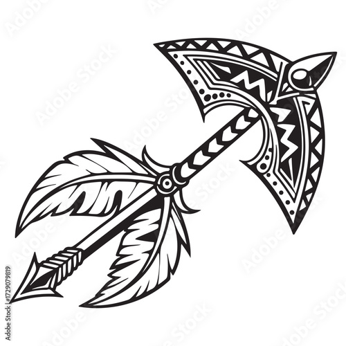 An ornate arrow with feathers and an axe head, isolated on white background, showcasing intricate tribalinspired designs and patterns