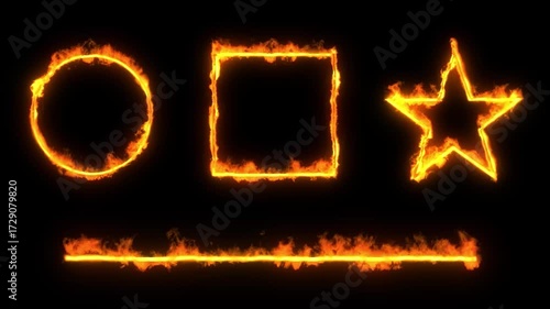 Simple shapes in fire flames on black background