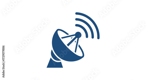 Blue satellite dish transmits data across space on a clean white background