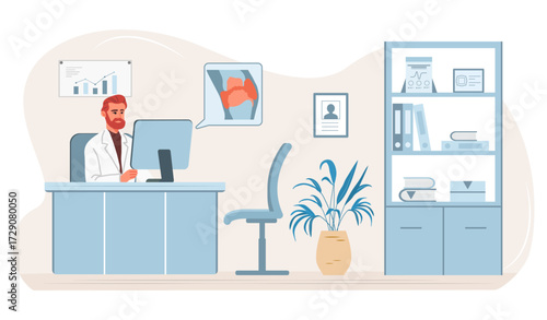 Doctor working at desk in medical office with anatomical posters and shelves in background