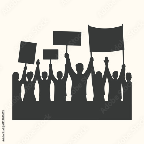 Vector art of silhouette of a crowd of people holding up signs and banners in protest or demonstration, symbolizing activism and social change, with a sense of unity and collective action
