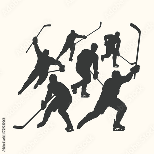 Vector art of silhouette of hockey players in action, skating and holding sticks, representing the dynamic sport of ice hockey