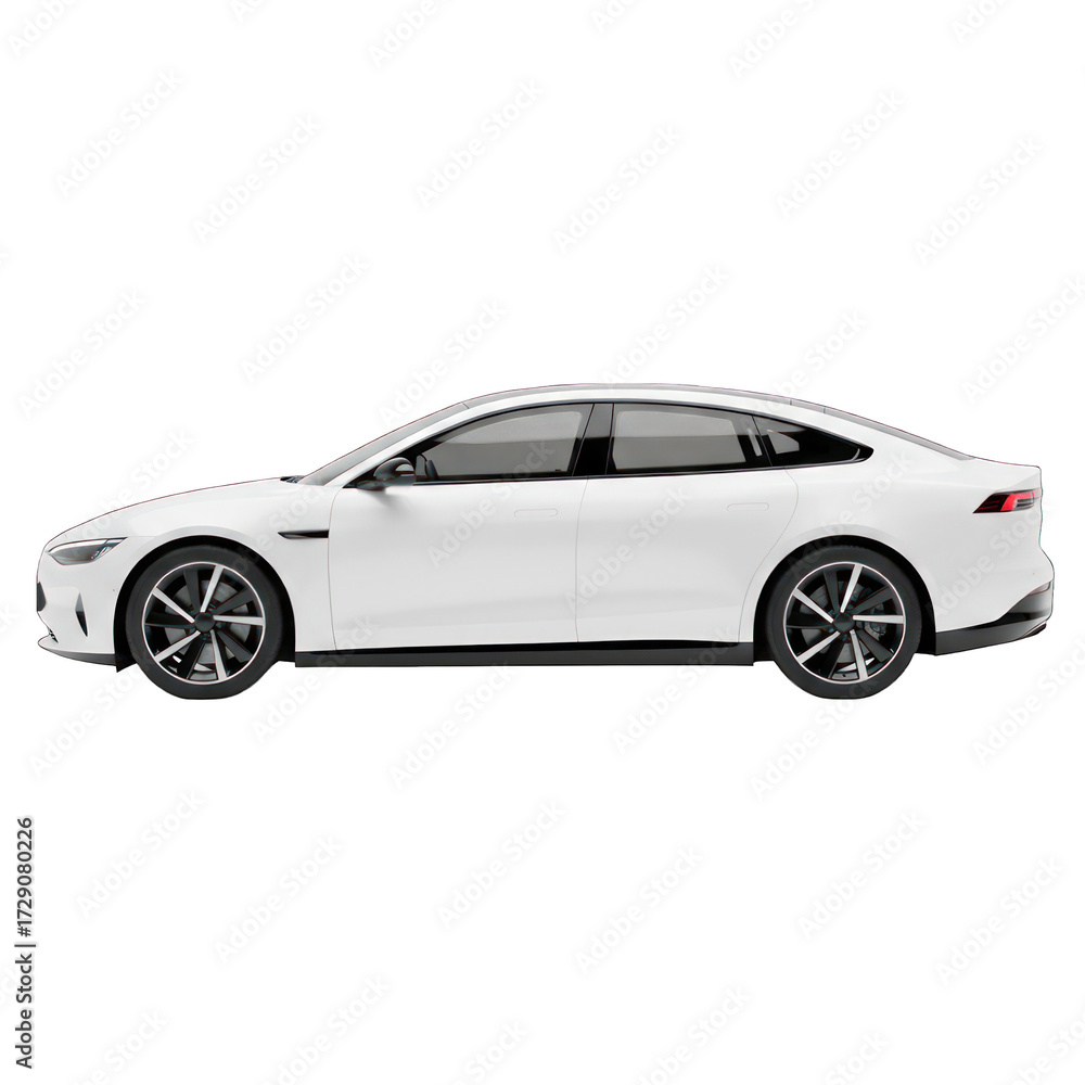 Obraz premium Side view of a white electric car. Sleek, modern design. Glossy finish. Four doors. Low profile