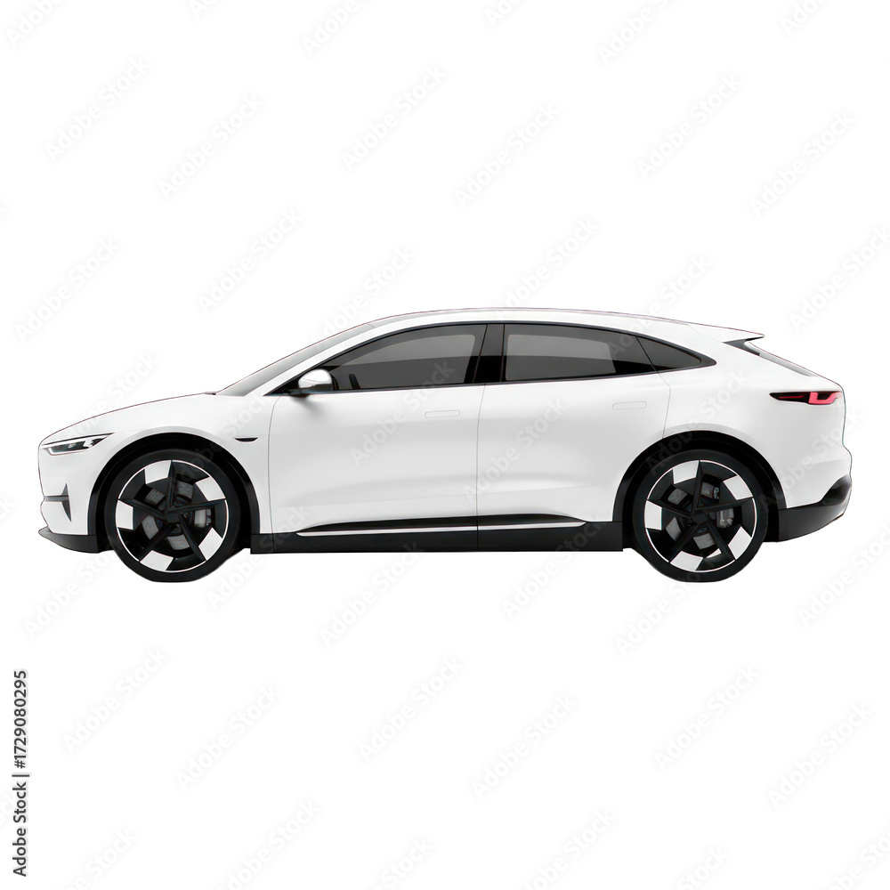 Obraz premium Side view of a white electric SUV. Sleek design, modern lines, and stylish wheels