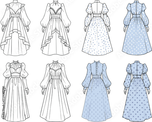 Collection of Victorian Style Long Dresses Fashion Flat CAD Drawing Vector Illustration for Women's Apparel Design and Technical Specification.
