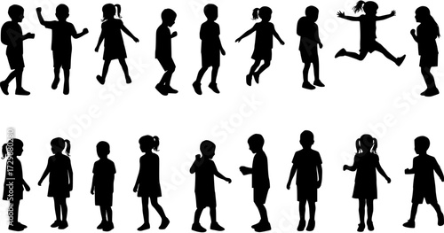 Diverse Silhouettes of Children in Various Poses: Playing, Walking, Jumping, and Standing