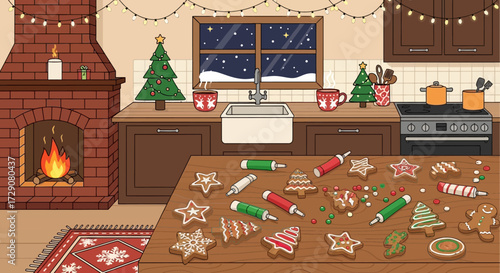 Festive cartoon kitchen scene featuring Christmas cookies and cozy winter atmosphere illustration