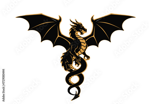 A majestic black and gold dragon with outstretched wings in a heraldic pose on a white background.