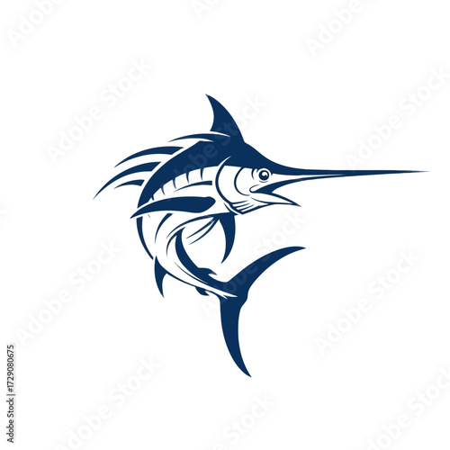Stylized dark blue marlin or swordfish illustration in a dynamic swimming pose, a powerful marine animal graphic.