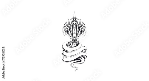 A striking black and white illustration of a multi-headed cobra coiled around itself, with intricate details on its hood and body.