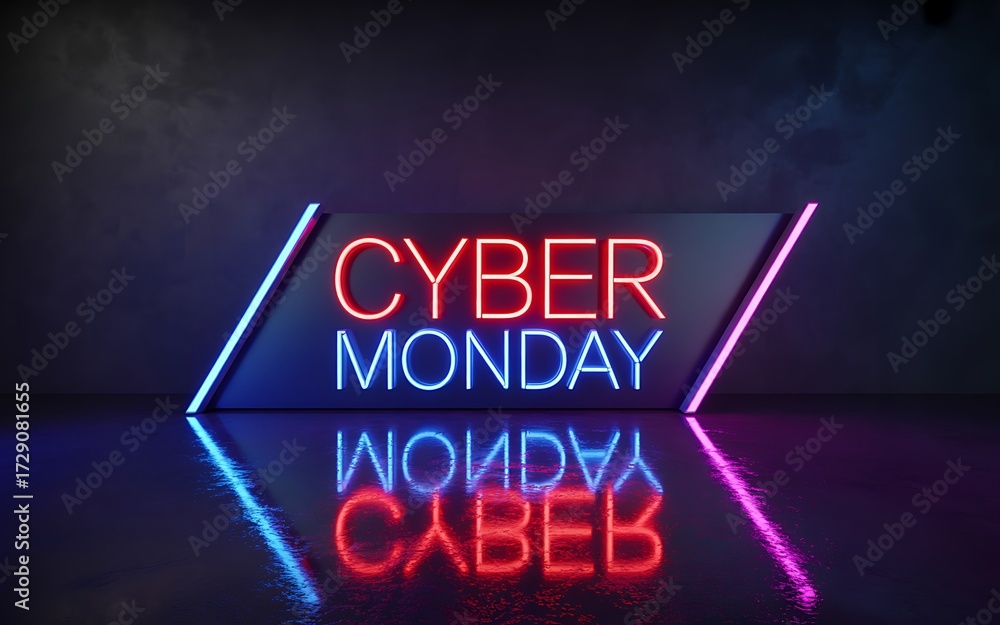 Obraz premium Cyber monday neon sign with red and blue lights reflecting on wet surface