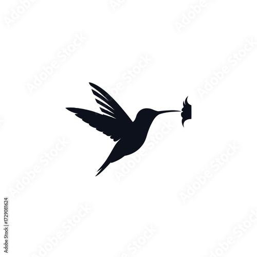A silhouette of a hummingbird with its beak inserted into a small, abstract shape.