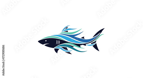 Abstract sea predator artwork featuring flowing aqua and dark blue accents highlighting a powerful