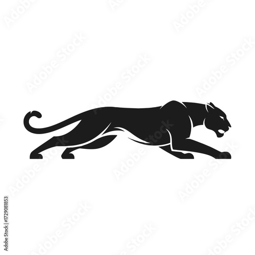 Stylized black silhouette of a powerful panther or jaguar in a dynamic running pose, isolated on a white background.