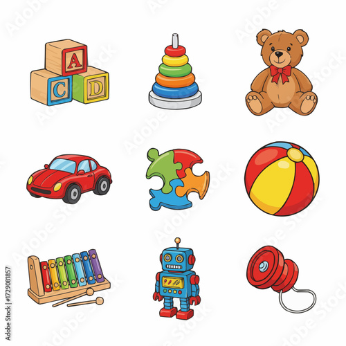 Collection of Colorful Childrens Toys for Playtime and Education