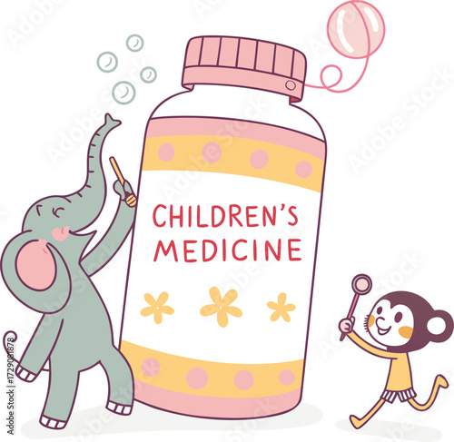 Cute elephant and monkey blowing bubbles next to children s medicine bottle
