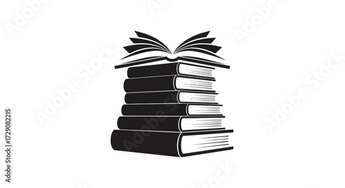 A black and white illustration of a tall stack of books with an open book on the very top.