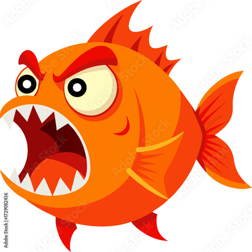 Cartoon piranha with sharp teeth and angry expression isolated on white background