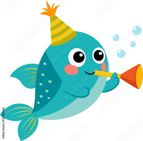 Cheerful cartoon fish wearing party hat blowing horn for birthday celebration