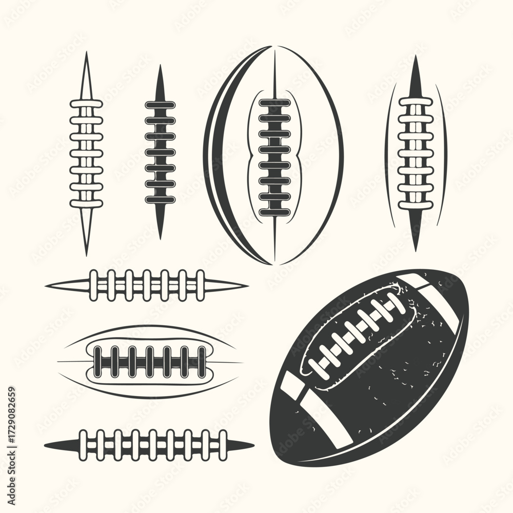 Obraz premium Vector art of a collection of vintage american football illustrations, including laces, full balls, and stylized representations, evoking a classic sports aesthetic