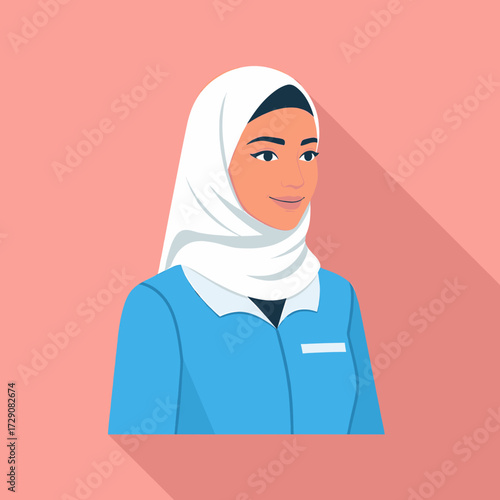 Portrait of a woman wearing a white hijab and a blue uniform, looking to the side.