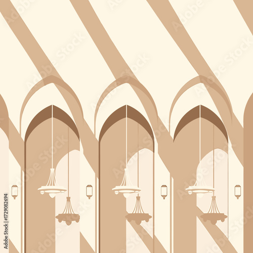 Illustration of a series of arched doorways with hanging chandeliers and shadows.