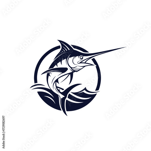 Illustration of a marlin fish leaping out of the ocean, inside a circular frame.