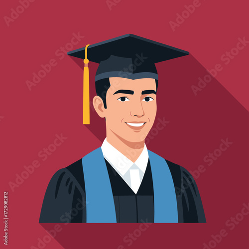 A smiling graduate in cap and gown, celebrating academic achievement, with a blue sash.