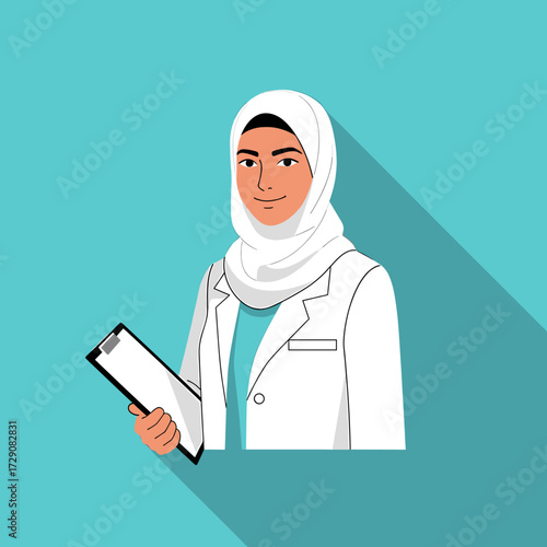 Female doctor in hijab holding a clipboard, wearing a white coat, on a blue background with a long shadow.