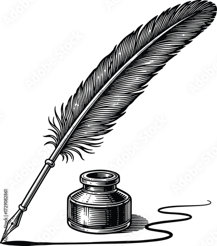 Vintage quill pen and ink bottle drawing, classic writing tools illustration for calligraphy, literature, education, history, and stationery design