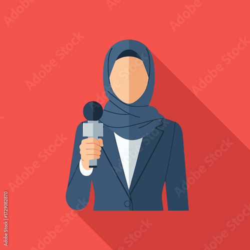 A woman in a hijab holds a microphone, reporting news. The image is a flat vector illustration.