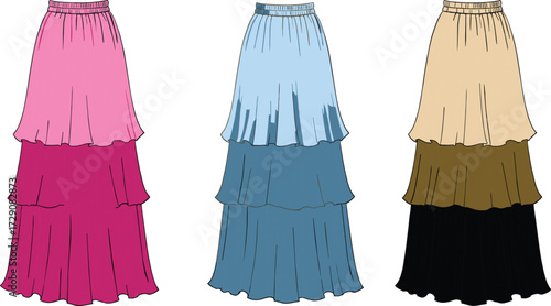 Flowing Tiered Ruffle Skirt Fashion Flat CAD Drawing Vector Illustration for Women's Apparel Design and Technical Specification Pack.