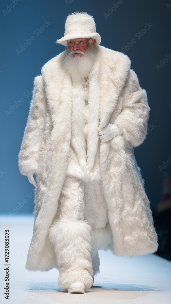 Obraz premium Male Model in a white fur coat and stylish fur hat on a new black catwalk against a simple and contrasting background