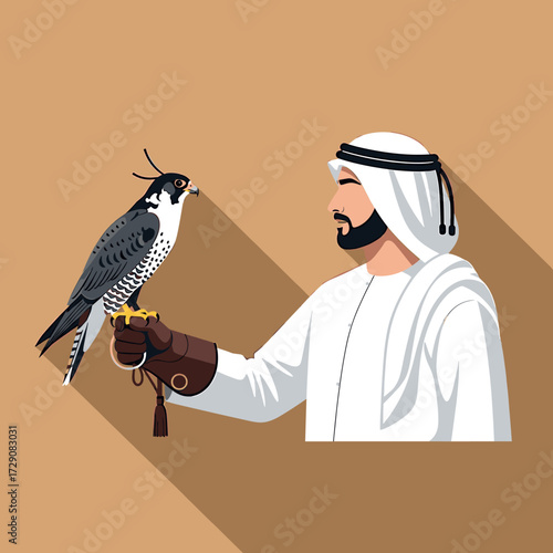 An illustration of a man in traditional attire holding a falcon.