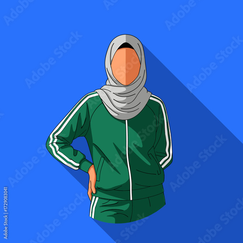 Illustration of a person wearing a hijab and a green tracksuit, standing with one hand on hip.