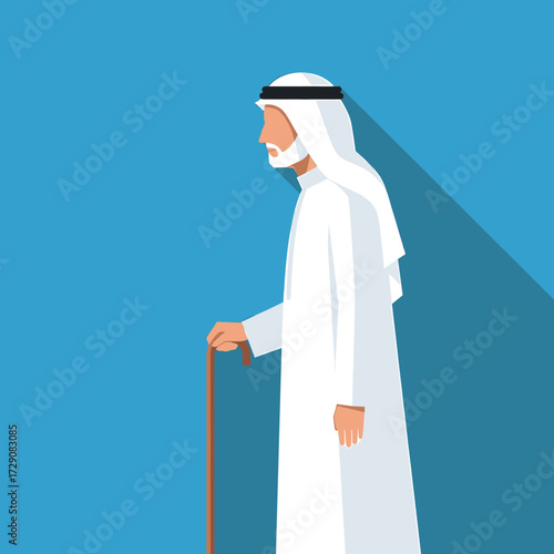 Illustration of an elderly Arab man in traditional clothing, walking with a cane against a blue background.