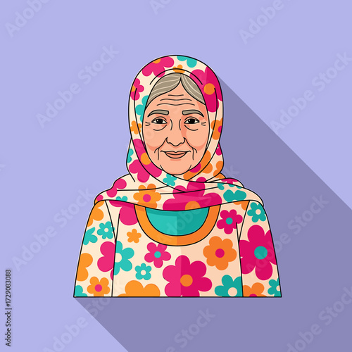 Illustration of a smiling elderly woman wearing a floral headscarf and top, set against a light purple background.