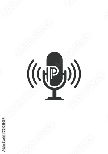 Podcast microphone icon with the letter P inside, broadcasting audio waves.