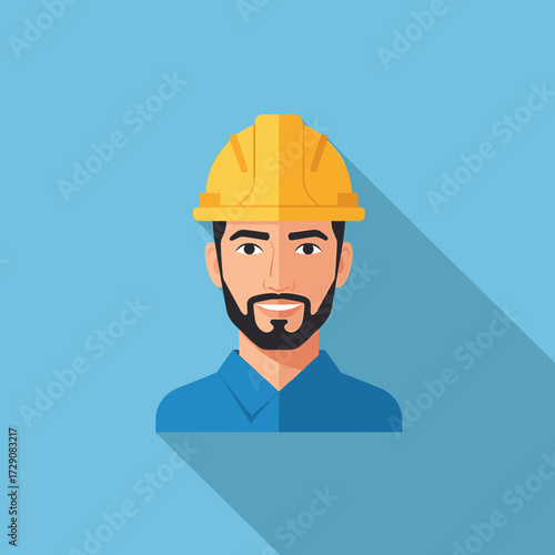 Illustrated construction worker with a yellow hard hat and beard, smiling against a blue background.