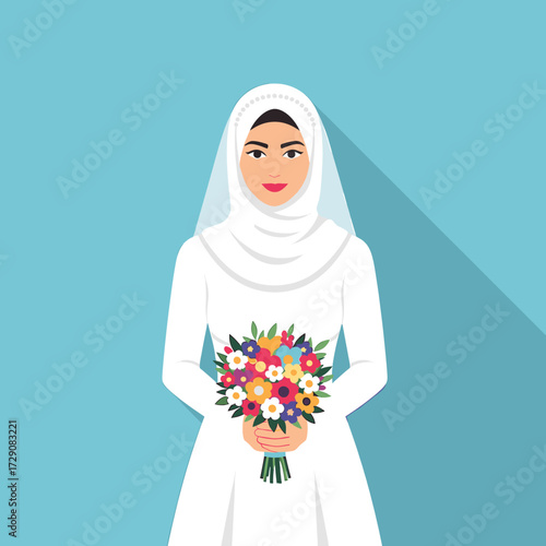 Illustration of a smiling woman in a white wedding dress and hijab, holding a colorful flower bouquet.