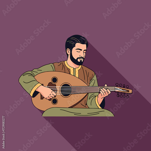 A man with a beard playing an oud, a stringed instrument, with a long shadow.