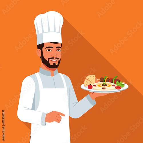 A smiling chef presents a plate of food, pointing with his finger, against an orange background.