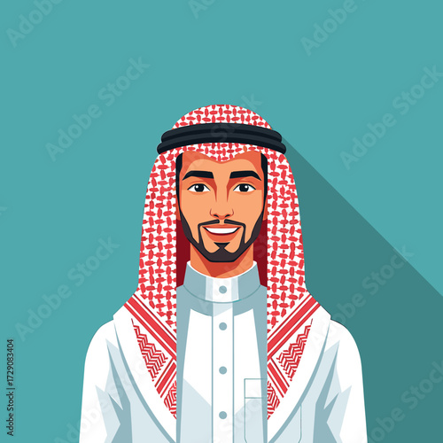 Illustration of a smiling Arab man wearing traditional clothing, including a keffiyeh, against a teal background.