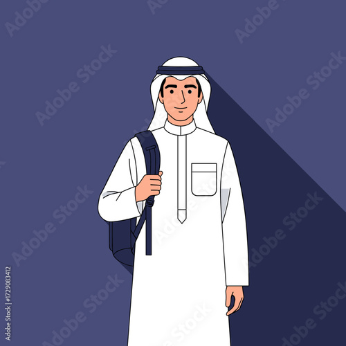 Illustration of a man wearing traditional Arab clothing and carrying a backpack, standing against a dark blue background.