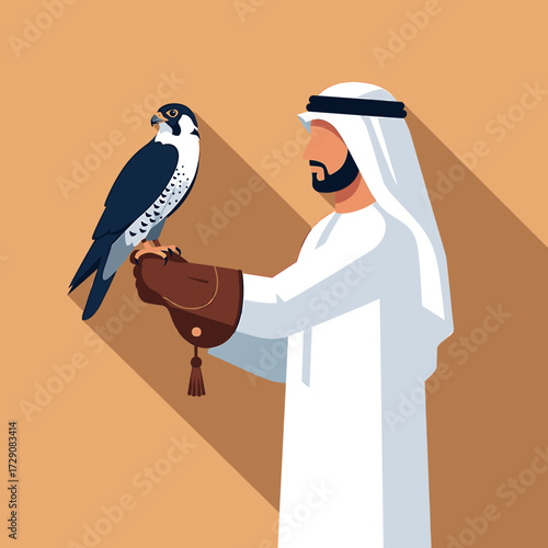 A man in traditional Arab clothing holds a falcon on his gloved hand, casting a long shadow.